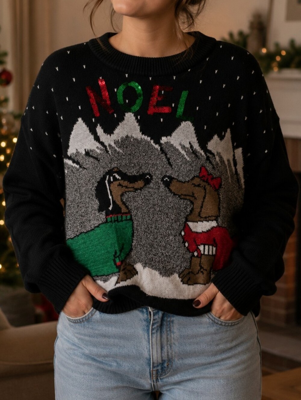 NWOT Ugly Christmas Sweater: Dachshund "Noel" Sequin Knit SZ-MEDIUM